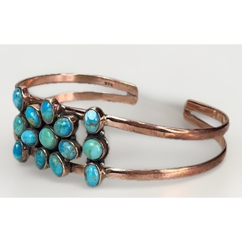 Southwestern Copper Kingman Turquoise Cluster Cuff Bracelet Handmade Statement - Picture 11 of 14